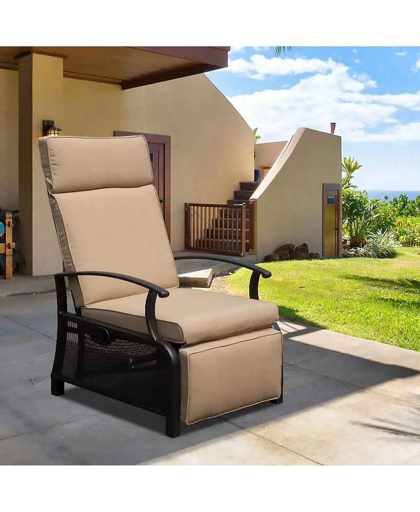 Adjustable Patio Recliner Chair Metal Outdoor Lounge with Flip Table Push Back, Angle, 6.8'' Removable Cushions, Support 350lbs, Navy