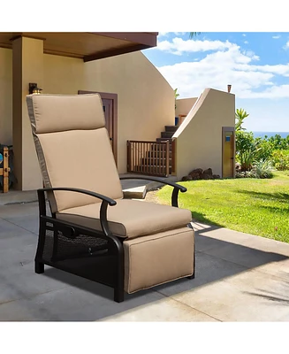 Adjustable Patio Recliner Chair Metal Outdoor Lounge with Flip Table Push Back, Angle, 6.8'' Removable Cushions, Support 350lbs, Navy
