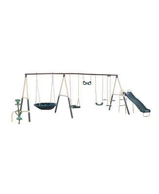 Xdp Recreation Deerfield Outdoor Playground Swing Set with Slide, See Saw, Trapeze Swing, Fun-Glidr, Swing Seat, and Stand N Swing