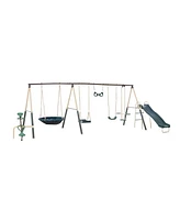 Xdp Recreation Deerfield Outdoor Playground Swing Set with Slide, See Saw, Trapeze Swing, Fun-Glidr, Swing Seat, and Stand N Swing
