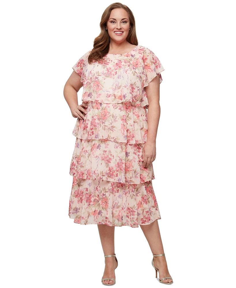 Sl Fashions Plus Floral-Print Tiered Dress