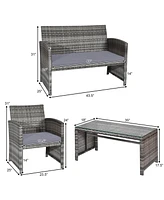 4PCS Patio Rattan Furniture Set Conversation Glass Table Top