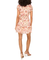 Msk Petite Floral-Print Flutter-Sleeve Smocked-Waist Dress