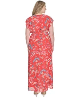 Eliza J Plus Printed V-Neck Faux-Wrap Chiffon Dress