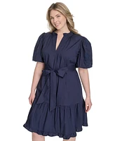 Vince Camuto Plus Cotton Puff-Sleeve Tie-Waist Dress