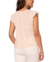 Democracy Women's Cotton Flutter-Sleeve Embroidered Mix Media Top
