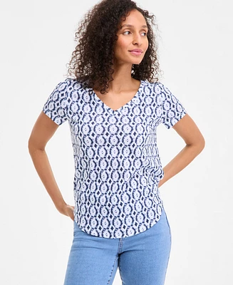 Style & Co Petite Dyed Geo Perfect V-Neck Tee, Exclusively at Macy's
