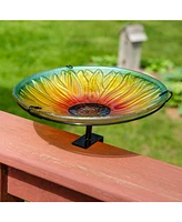 Glass Bird Bath Bowl - 10.5” Diameter Includes Deck Clamp and Staked Stand Blooming Sunflower
