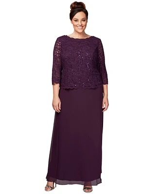 Alex Evenings Plus Sequined Scalloped Edge Lace Top Gown