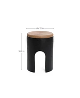 LuxenHome Black with Natural Rattan Finish Cement U-Shaped Base Outdoor Patio Side Table