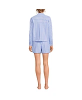 Lands' End Women's Cotton Poplin 2 Piece Pajama Set - Long Sleeve Top and Shorts with Piping