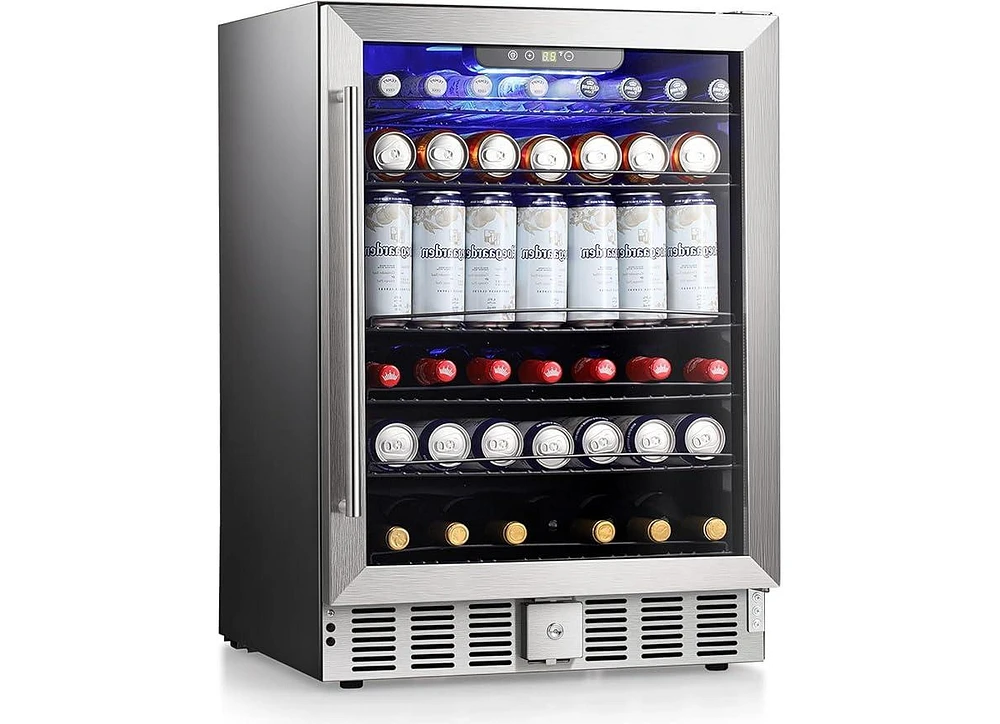 Zafro 24 Inch Wine Refrigerator, 5.1 Cu Ft Freestanding or Built-in Wine Fridge, Under Counter Stainless Steel Beverage Cooler with Glass Door