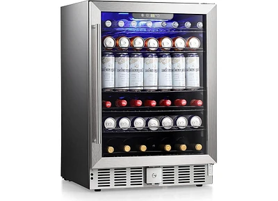 Zafro 24 Inch Wine Refrigerator, 5.1 Cu Ft Freestanding or Built-in Wine Fridge, Under Counter Stainless Steel Beverage Cooler with Glass Door