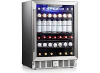 Zafro 24 Inch Wine Refrigerator, 5.1 Cu Ft Freestanding or Built-in Wine Fridge, Under Counter Stainless Steel Beverage Cooler with Glass Door