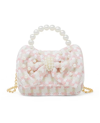 Tiny Treats + Zomi Gems Girls Tweed Jumbo Pearl Bow Handbag, Pink