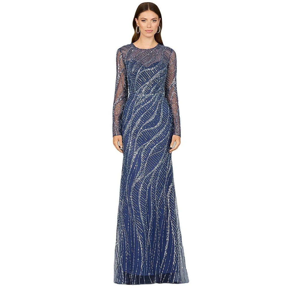 Lara Women's Long Sleeve Sheath Gown with Silver Beads
