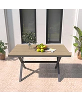 59 Inch Rectangular Outdoor Dining Table Imitation Wood Grain Aluminium Frame Patio Table, Black