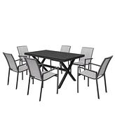 7-Piece Aluminum Frame Outdoor Dining Set with Faux Wood Table Stackable Chairs Patio Furniture Set, Brown