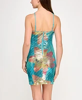 Bcx Juniors' T-Neck Lily Placement Sequin Bodycon Dress