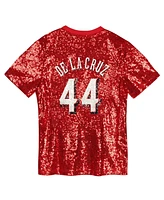 Outerstuff Juniors Elly De La Cruz Red Cincinnati Reds Name Number Sequin V-Neck Top