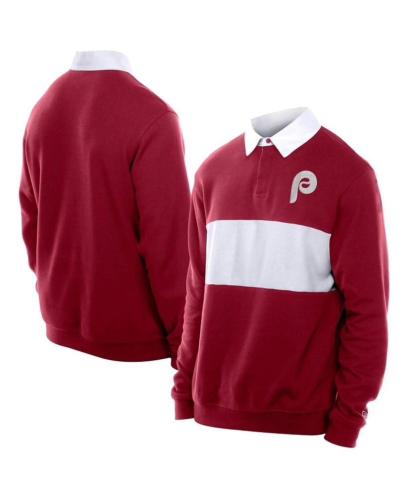 New Era Men's Dark Red Philadelphia Phillies Throwback Prep Color Block Rugby Polo Shirt