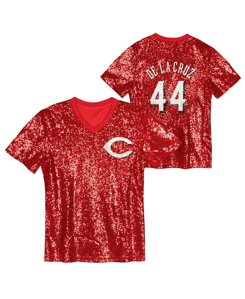 Outerstuff Juniors Elly De La Cruz Red Cincinnati Reds Name Number Sequin V-Neck Top