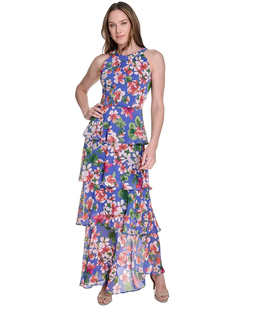 Tommy Hilfiger Women's Floral-Print Tiered Halterneck Maxi Dress