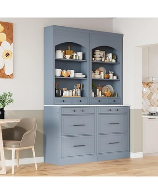 83" Tall Kitchen Pantry Cabinet with Faux Marble Top (Set of 2), Gray