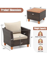 3PCS Patio Rattan Bistro Furniture Set Wood Table Top Cushion Sofa