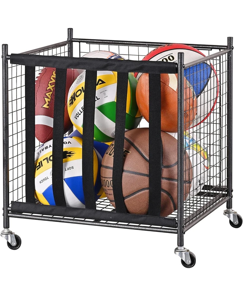 Mythinglogic 44 lbs Weight Capacity Rolling Sports Ball Storage Cart with Elastic Straps