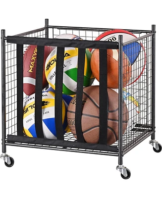 Mythinglogic 44 lbs Weight Capacity Rolling Sports Ball Storage Cart with Elastic Straps