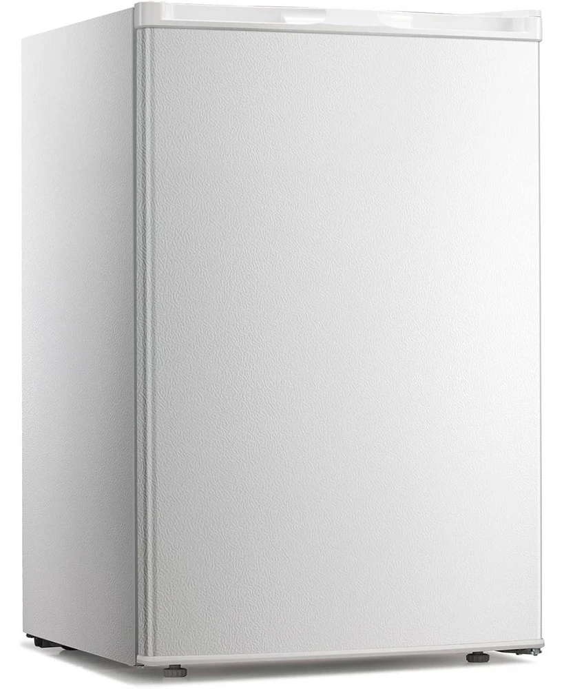 Zafro 3.0 Cu.ft upright mini freezer with adjustable thermostat, removable shelves, and reversible door. Ideal for bedrooms, homes, dorms, or apartmen