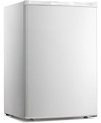 Zafro 3.0 Cu.ft upright mini freezer with adjustable thermostat, removable shelves, and reversible door. Ideal for bedrooms, homes, dorms, or apartmen