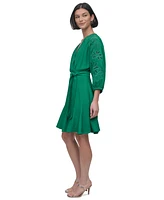 Dkny Petite Faux-Wrap Embroidered-Sleeve Fit & Flare Dress