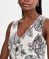 London Times Women's Godet Floral-Print V-Neck A-Line Dress