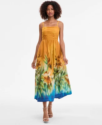 Tahari Asl Women's Ruched-Bodice Border-Print Midi Dress