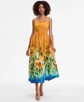 Tahari Asl Women's Ruched-Bodice Border-Print Midi Dress