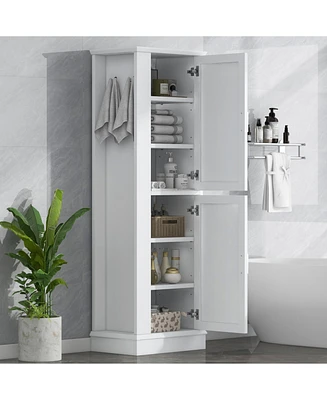 Tall Bathroom Storage Cabinet, Freestanding Storage Cabinet with Hook and Adjustable Shelf, Mdf Board, White
