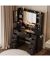 Vanity Desk with Led Lights Mirror and Charging Station, Makeup Vanity