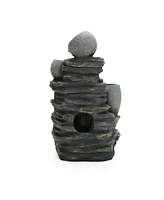 LuxenHome 3-Tier Gray Pots on Stacked Rocks 2.5-Feet Tall Outdoor Polyresin Fountain with Lights and Gray Side Planter