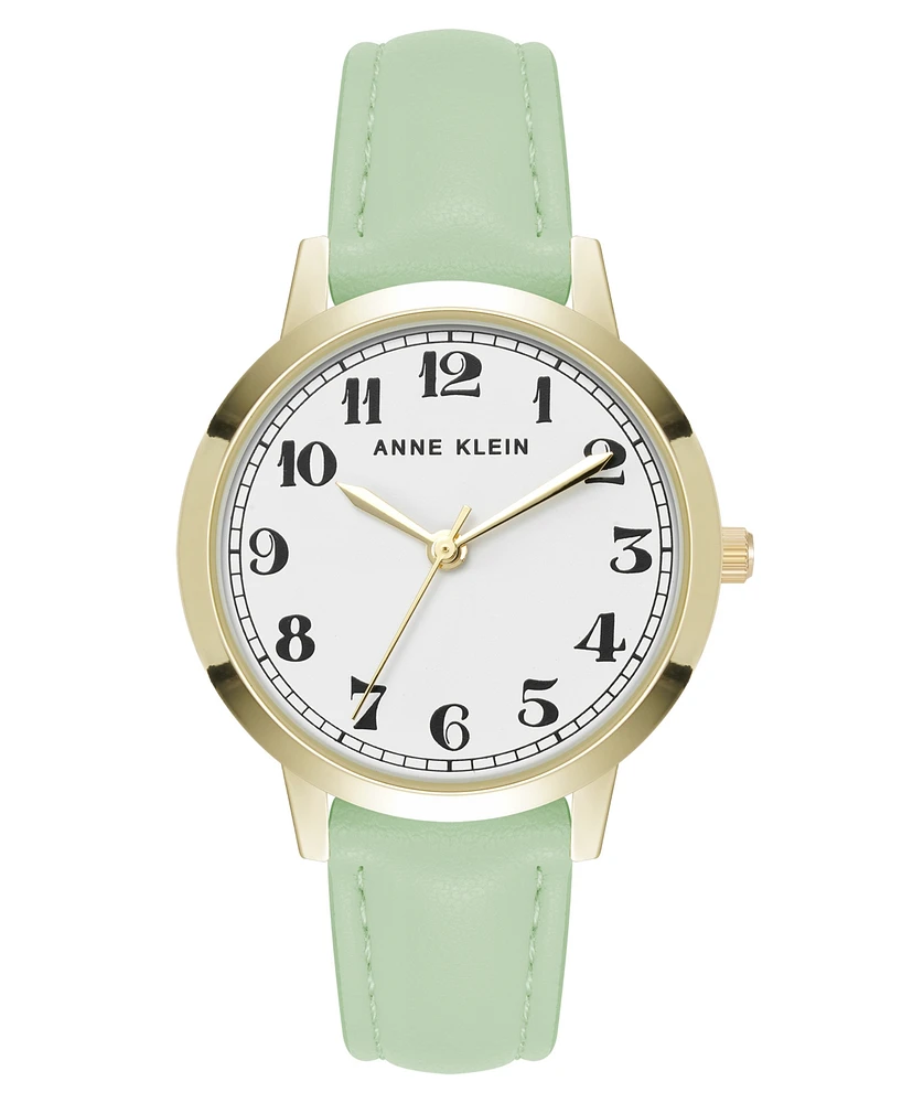 Anne Klein Women's Quartz Casual Mint Polyurethane Leather and Gold-Tone Metal Alloy Boyfriend Watch, 34mm