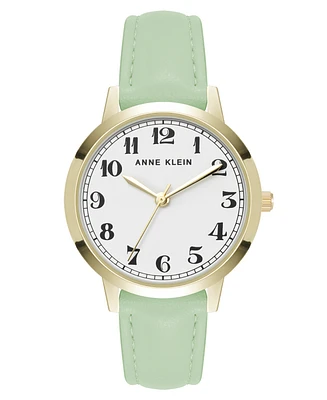 Anne Klein Women's Quartz Casual Mint Polyurethane Leather and Gold-Tone Metal Alloy Boyfriend Watch, 34mm