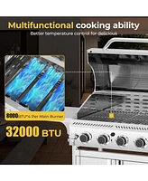 Cowsar 4-Burner Gas Bbq Grill, Astm 304 Stainless Steel Propane Grill with 32000 Btu, Outdoor Grill with Top Cover Lid,Wheels,Side Storage Shelves for