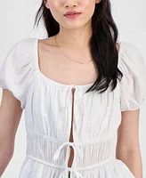 Hippie Rose Juniors' Shirred Tie-Front Peasant Top