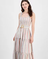 Anne Klein Women's Striped Smocked-Bodice Tiered Dress