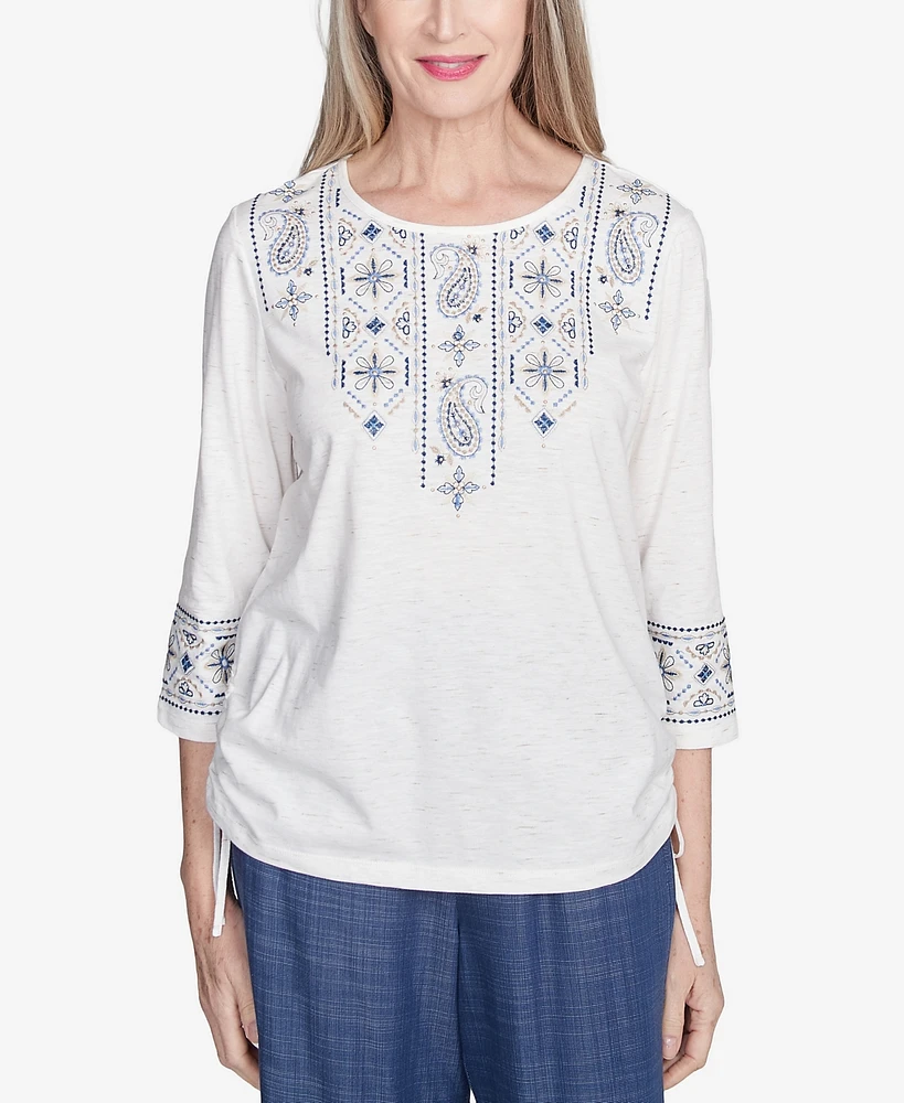 Alfred Dunner Women's Summer Solstice Linear Embroidered Tie Sleeve Top