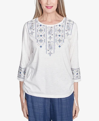 Alfred Dunner Women's Summer Solstice Linear Embroidered Tie Sleeve Top