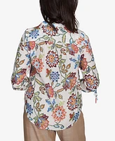Alfred Dunner Women's Summer Solstice Batik Floral Button Front Top