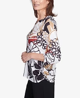 Alfred Dunner Women's Natural Instinct Bold Floral Illustrated Henley Mandarin Collar Top
