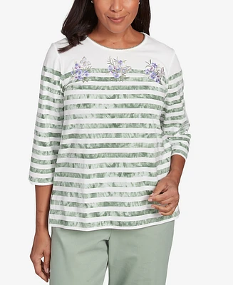 Alfred Dunner Women's Santa Fe Tie Dye Stripe Embroidered Crew Neck Top